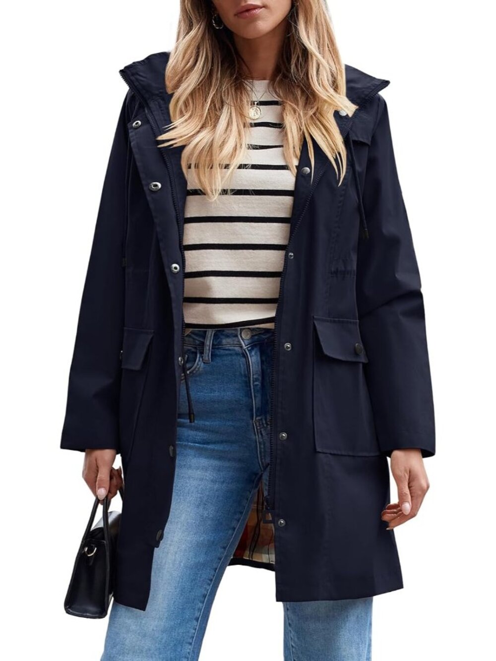 Women's Navy 100% Polyester Hooded Long Waterproof Packable Trench Rain Coat